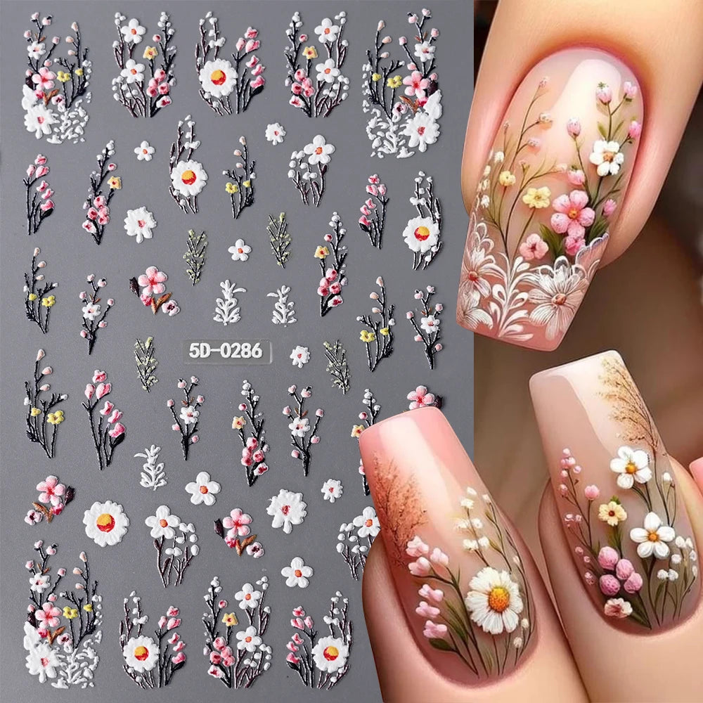 1 Stück 5D geprägte Lavendelblume Nagelaufkleber Frühling Blumenblätter selbstklebende Schieber Rose Schmetterling Aufkleber Maniküre Dekoration