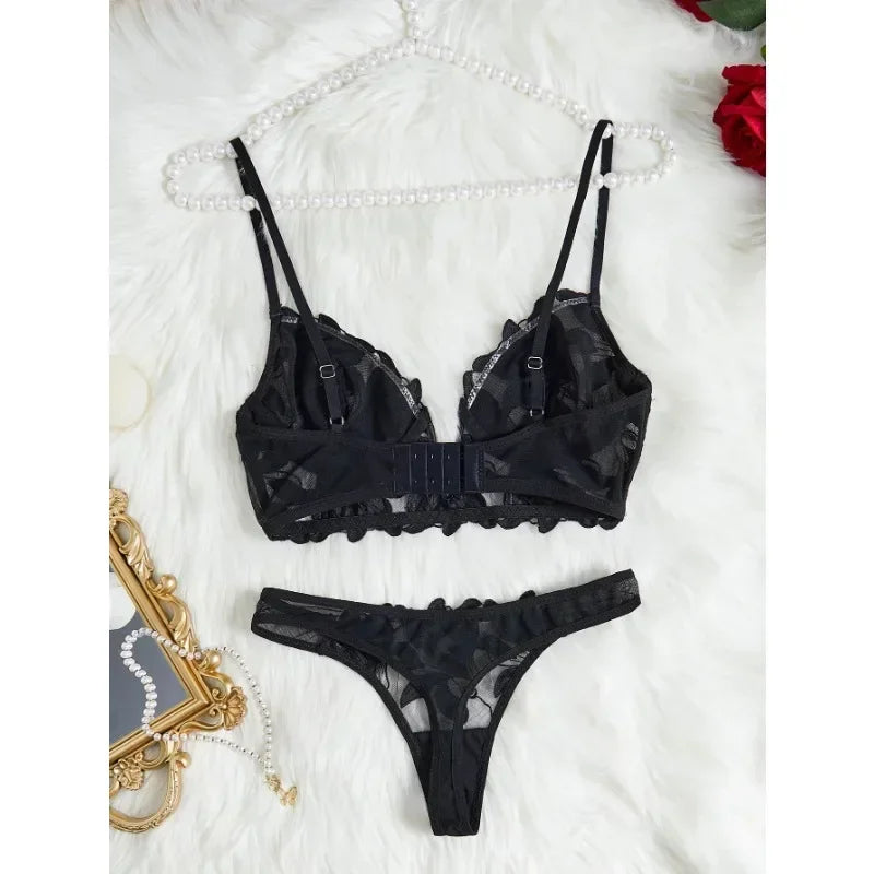 Feen-Dessous mit Blumenmuster, Valentinstag, bezaubernde kurze Höschen-Unterwäsche, sexy Nachthemd, ausgefallene V-Unterwäsche, Slip-Set für Damen, durchsichtiger BH