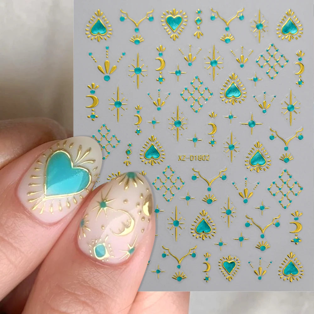 1 Stück Blauer Edelstein Stern Sonne Mond Nagelaufkleber 3D Böhmisches Sternenlicht Herz Schlange Selbstklebende Abziehbilder Französische Linien Streifen Maniküre Sliders