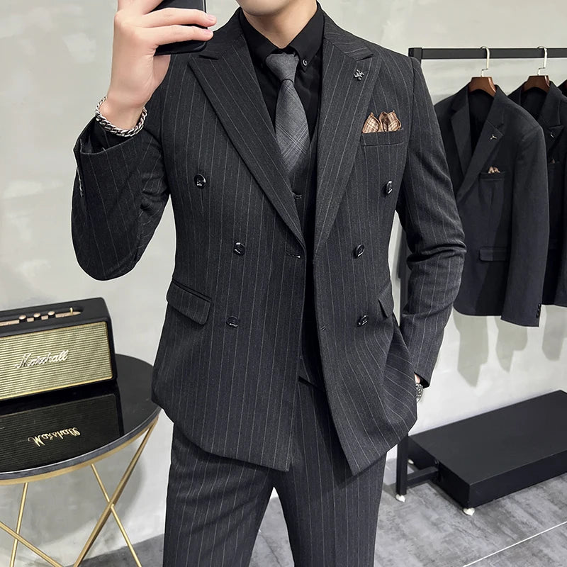 Slim Fit Zweireiher Gestreifter Anzug Weste Hose 3-teiliges Set Koreanische Mode M-7XL Herren Modischer gestreifter dreiteiliger Anzug