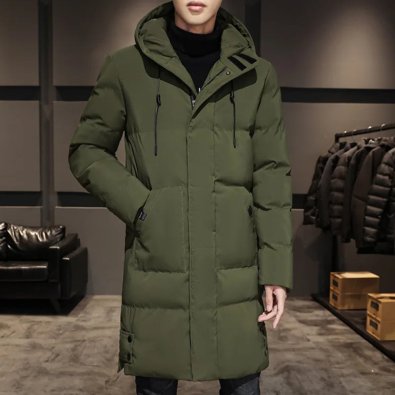 2025 Winter Mann Unten Jacke Einfache Feste Farbe Kalt-beweis Männliche Oberbekleidung Mittlere Länge Lange Sleeve Zipper Täglichen männer Mit Kapuze Mantel