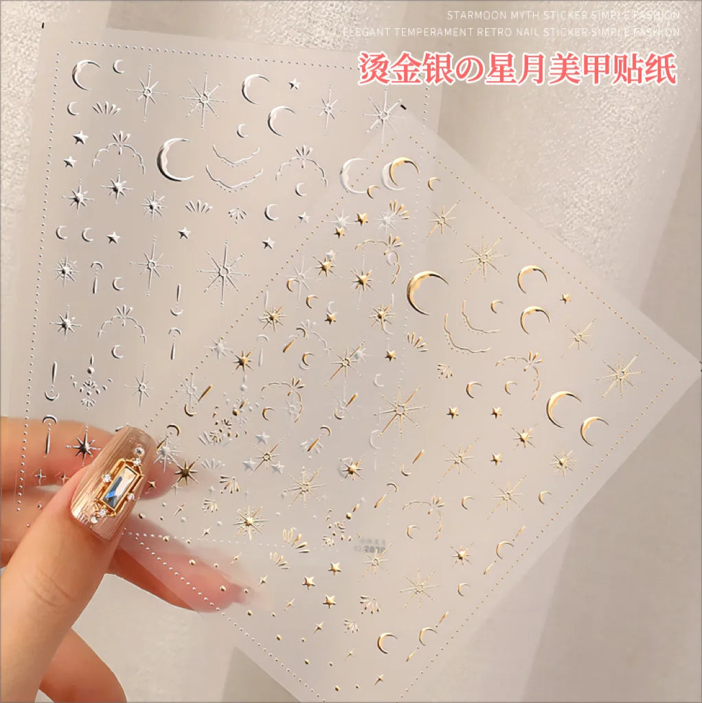 Vergoldete Stern und Mond Bronzing Nail Art Aufkleber hochwertige 3D Gold/Silber selbst klebende Slider DIY Nagel Aufkleber Dekoration 8*10cm