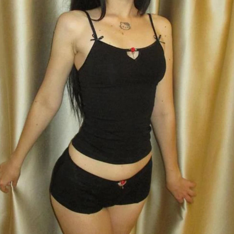 Süße Frauen 2 Stück Set Spaghetti träger Camis Crop Tops Shorts Vintage Pyjama Lounge wear Fairy Coquette Y2k Outfits