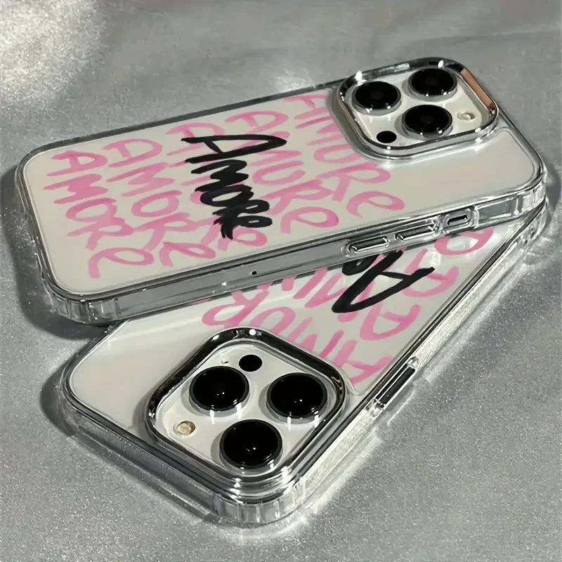 AMORE Rosa Text Silber Linsenrahmen Transparente Handyhülle für iPhone 17 16 11 12 13 14 15 Pro Max XS X XR 7 8 Plus 16E Air Cover