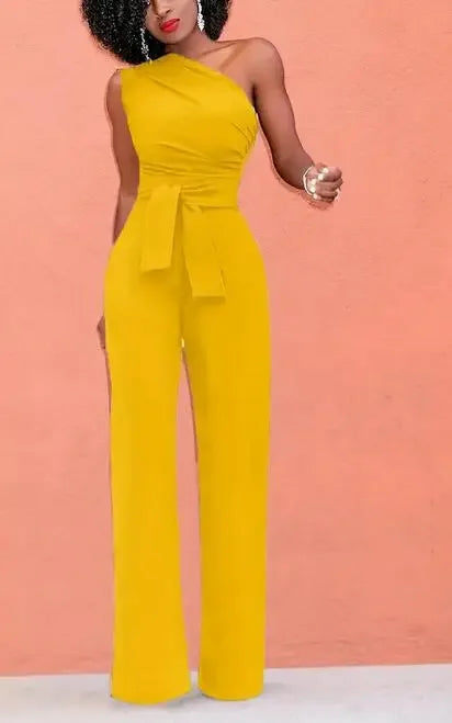 Damen-Overall, einfarbig, Skew-Kragen, bauchfreies Top, gerade Hosen, Gürtel, sexy, ärmellos, lockere Hosen, elegante, charmante Playsuits 2024
