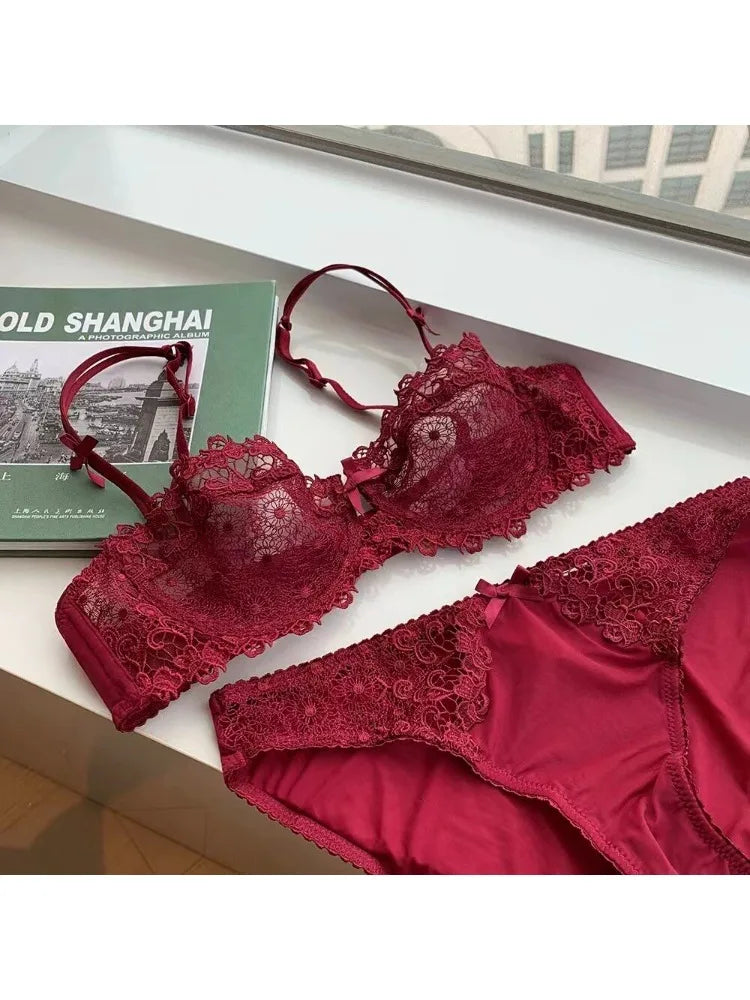 Sexy Spitzen-BH-Set für Damen in Übergröße, halbtransparent, ultradünn, mit Nippelabdeckung, erotische Dessous, Push-up-Komfort-Unterwäsche-Set