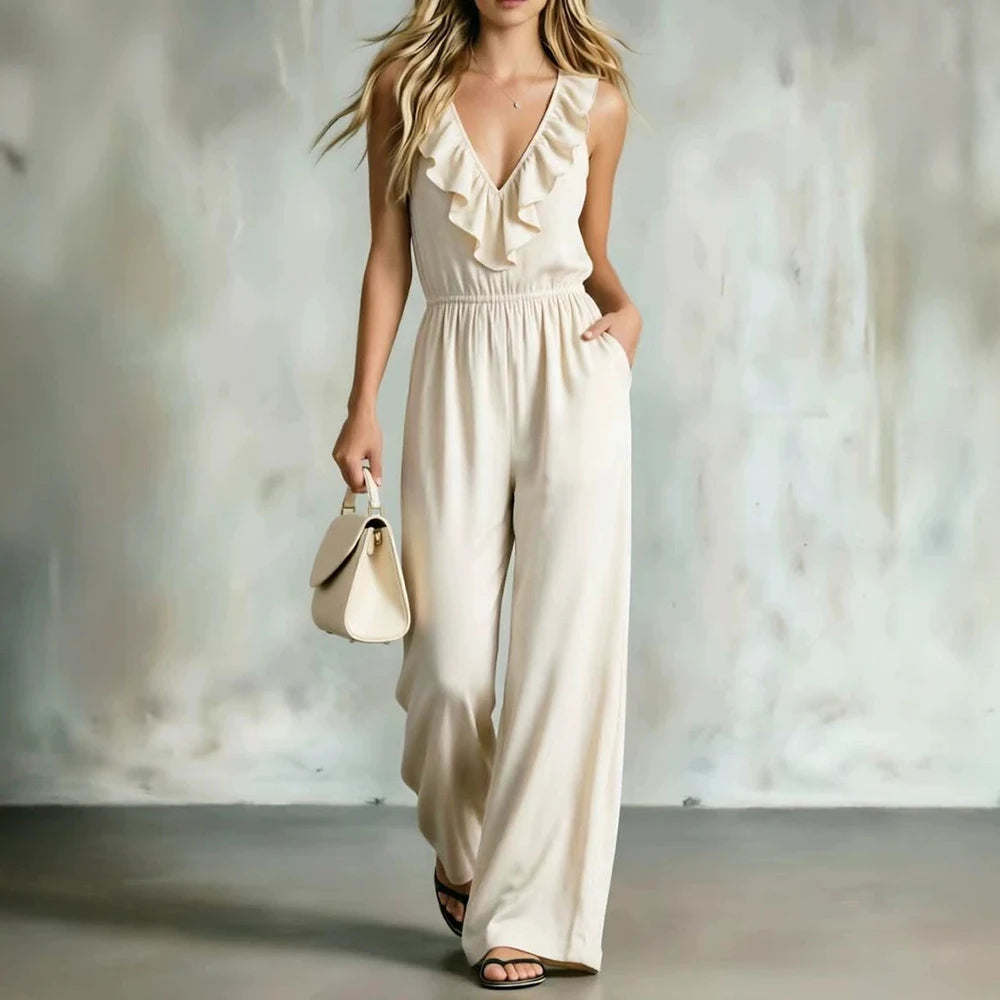 Damen Casual Weites Bein Jumpsuit Ärmellos V-Ausschnitt Rüschen Lange Hose Romper Elastische Taille Sommer Streetwear Einteiler Jumpsuits