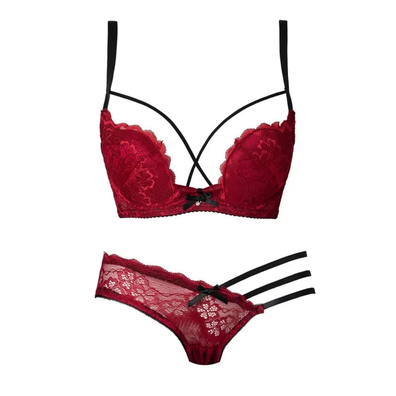 Eleganter, rückenfreier BH mit tiefem V-Ausschnitt, transparentes rotes Spitzen-Bralette für kleine Brust, dünnes Raff-Dessous-Set für Damen, tushy Bright Red Plunge AB