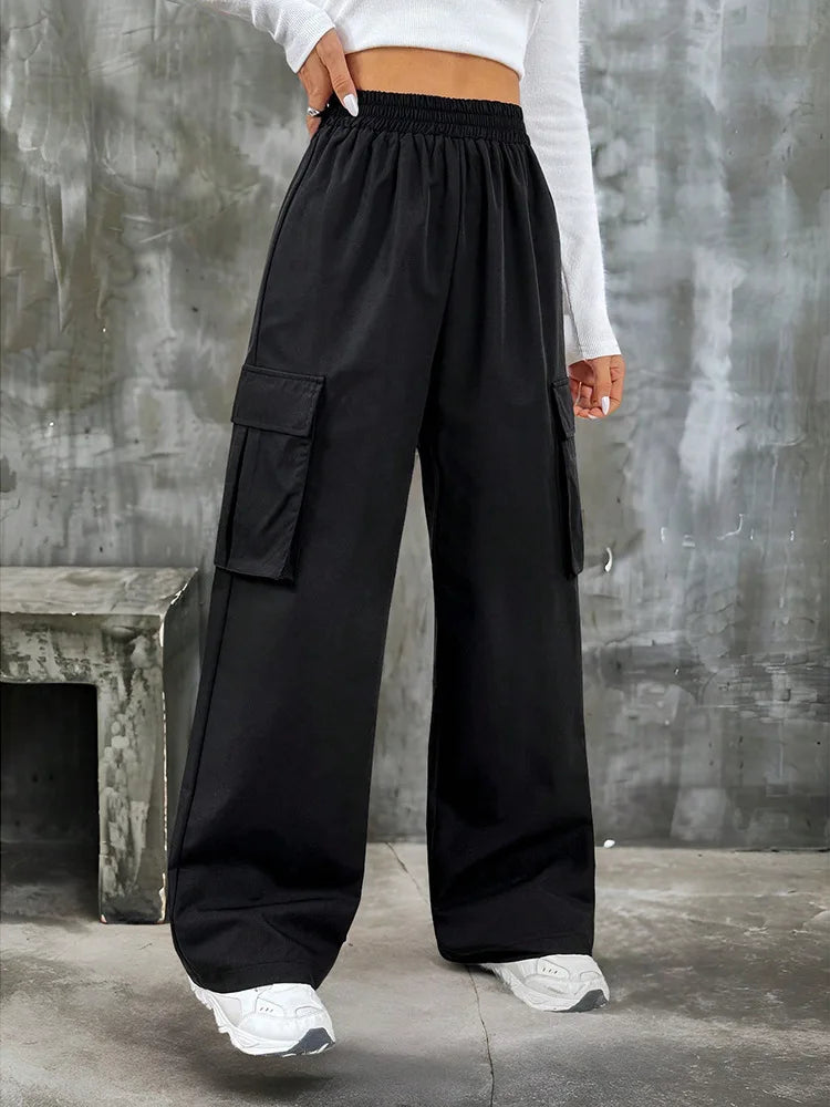 Elegante Feste Hohe Taille Zerrissene Hose Mode Frauen Tasche Elastische Gerade Cargo Hosen Casual Streetwear Sweatpant Y2K Hosen