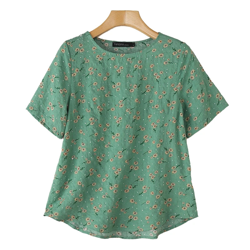 2026 ZANZEA Sommer Bedruckte Bluse Damen Lässige Halbarm-Blumen-Tunika-Oberteile O-Ausschnitt Arbeitshemd Bohemian Loose Fit Urlaubsblusen