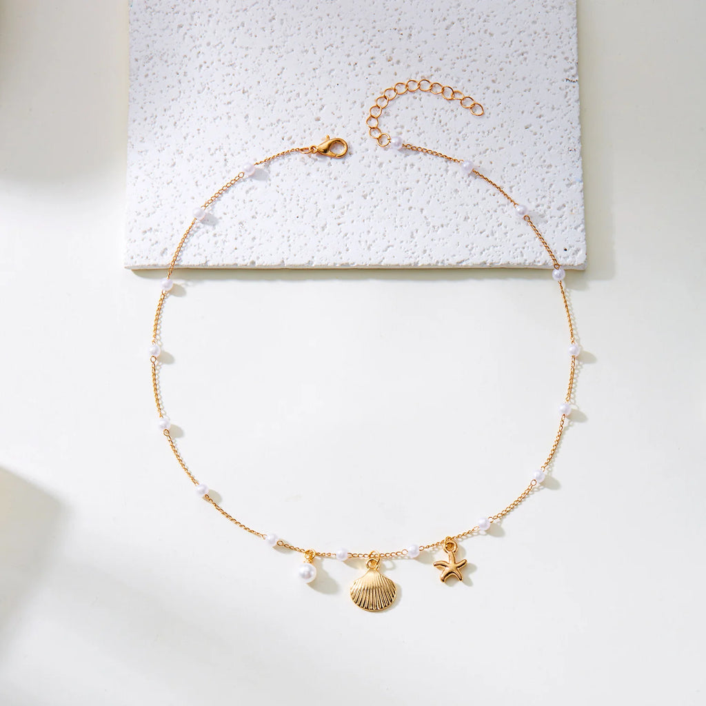 Bohemian Gold Farbe Seestern Shell Anhänger Halskette Für Frauen Strand Halsband Perle Ketten Hals Sommer Party Schmuck Geschenk