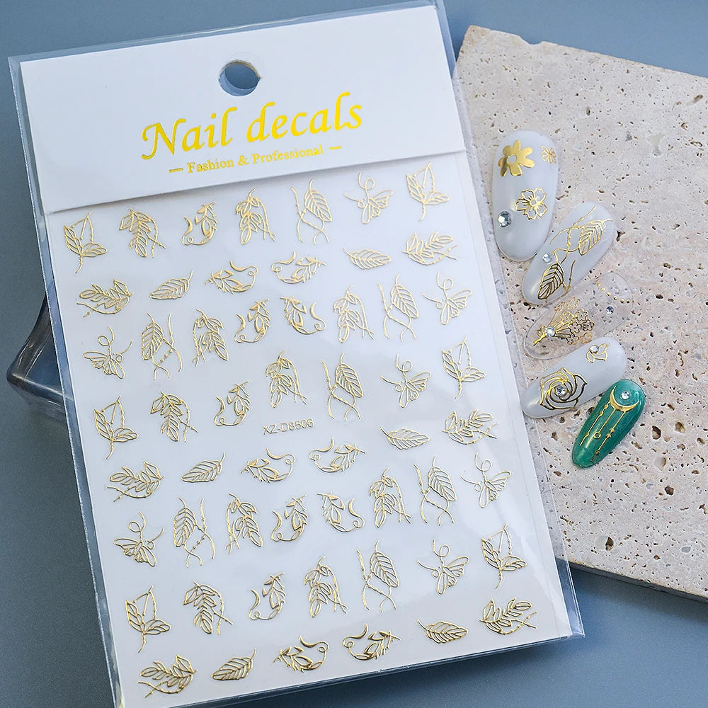 1 Blatt 3D Blattgold Blume Nail Art Aufkleber Blumenstrauß Blütenblatt Retro Nagelaufkleber Selbstklebende Blüte Charmante Maniküre Schieber