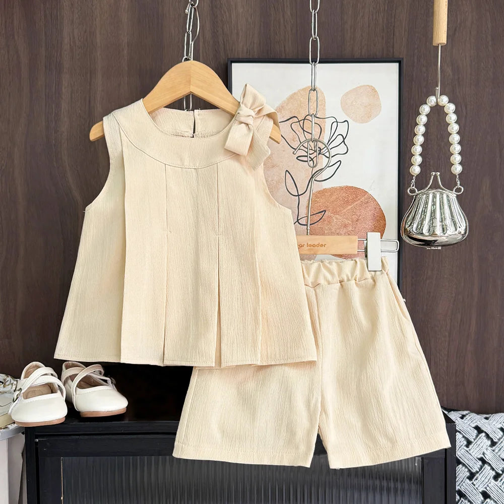 Bär Führer Süße Rosa Mädchen Kleidung Sommer Ärmellose Bogen Dekoration Plissee Weste + Shorts 2 Stück Olid Farbe Casual kinder Set