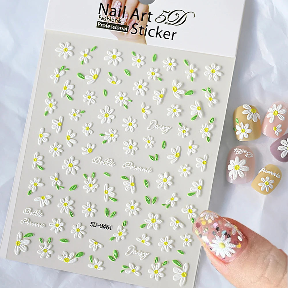 5D süße weiße Gänseblümchen Nagelaufkleber Kawaii Blume grünes Blatt Gänseblümchen japanische Nail Art Dekorationen Abziehbilder DIY Maniküre Zubehör # 9