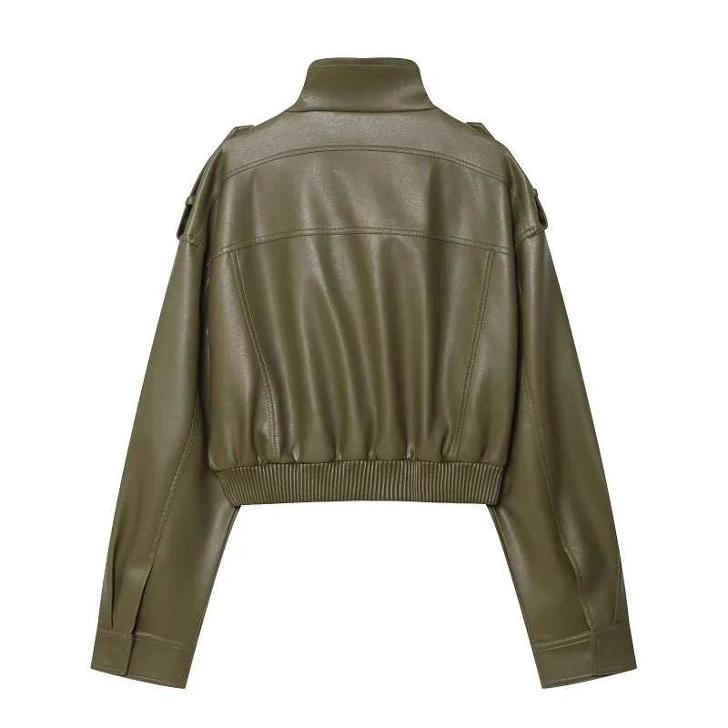 MUJER Kurze Jacke aus Kunstleder für Damen, Bomberjacke für die Halbsaison für Damen, langärmelig, Damenmäntel, Manteljacke mit Reißverschluss, Damen