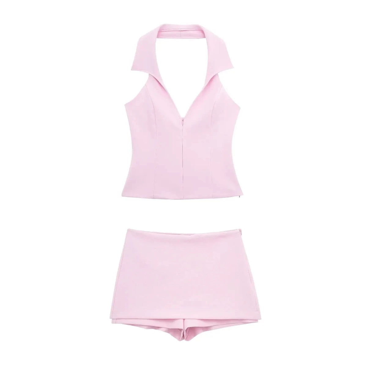 HH Damen Rosa 2-teiliges Set Sexy V-Ausschnitt ärmellos rückenfrei Hosenträger Reißverschluss Top + hohe Taille Gesäßtasche Miniröcke Shorts Y2K