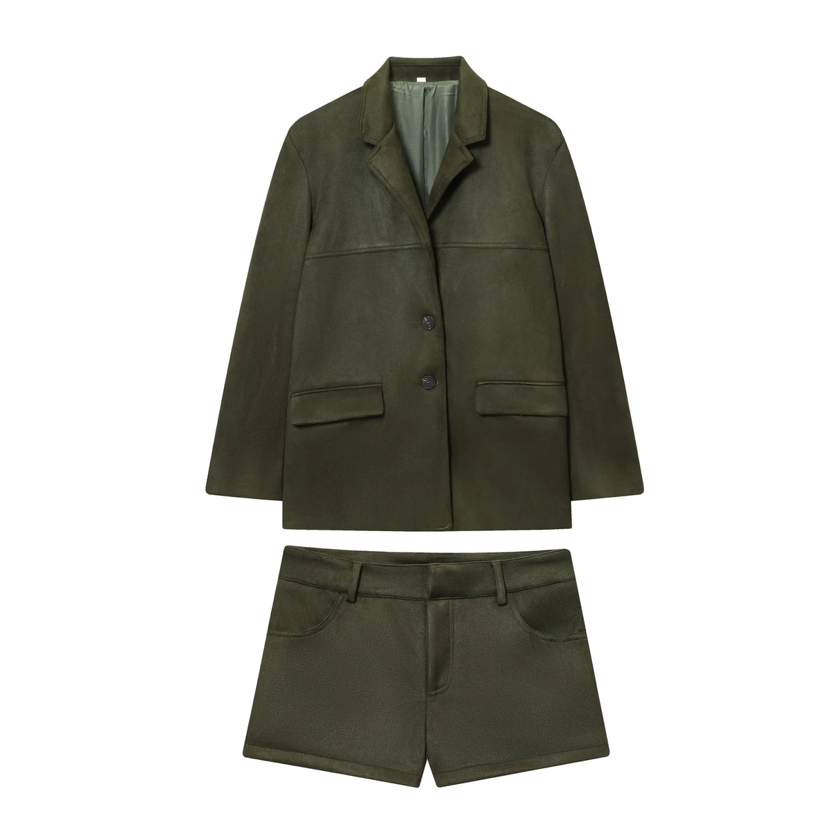 KONDALA Büro Dame Chic Grün Wildleder Frauen Anzüge V-ausschnitt Langarm Lose Blazer Breite Bein Shorts Mode 2025, Herbst Winter Anzug