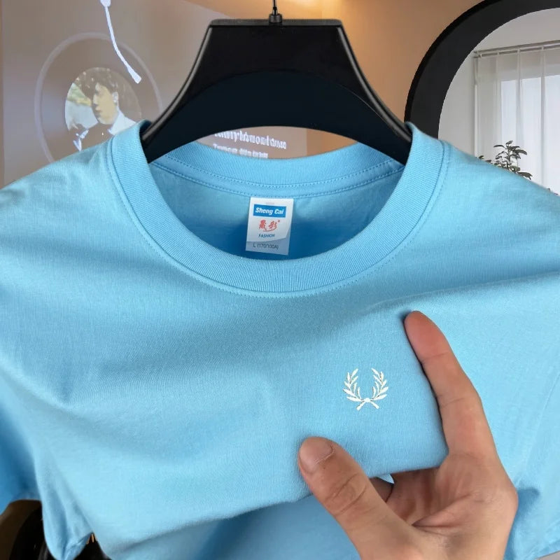 100% reine Baumwolle, hochwertiges Marken-Herren-T-Shirt mit Rundhalsausschnitt und kurzen Ärmeln, Sommermode, luxuriöses Weizen-Stickerei-Design, lässiges T-Shirt