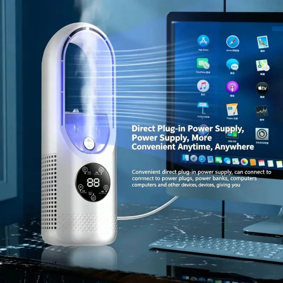 Mini-Luftkühler, Befeuchtung, Kühlung, USB, geräuschlos, zeitgesteuerter Klimaventilator, bunte Lichter, Nachtlicht, LED-Bildschirm, 6 Windgeschwindigkeiten