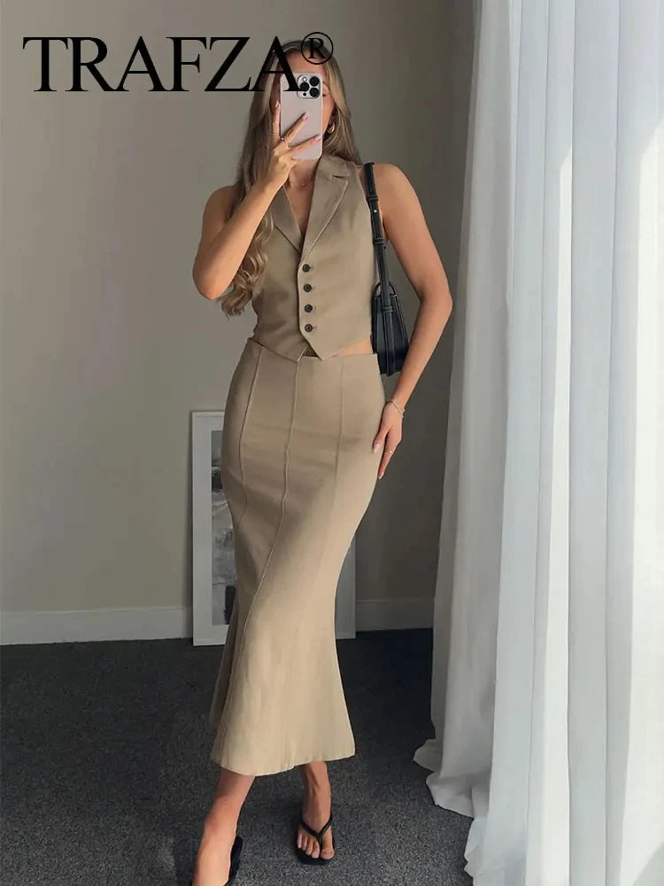 HH Frauen Solide Weste Rock Sets Zurück Spitze Einreiher Westen Top Seite Zipper Schlank Midi Röcke Mode High Street outfit