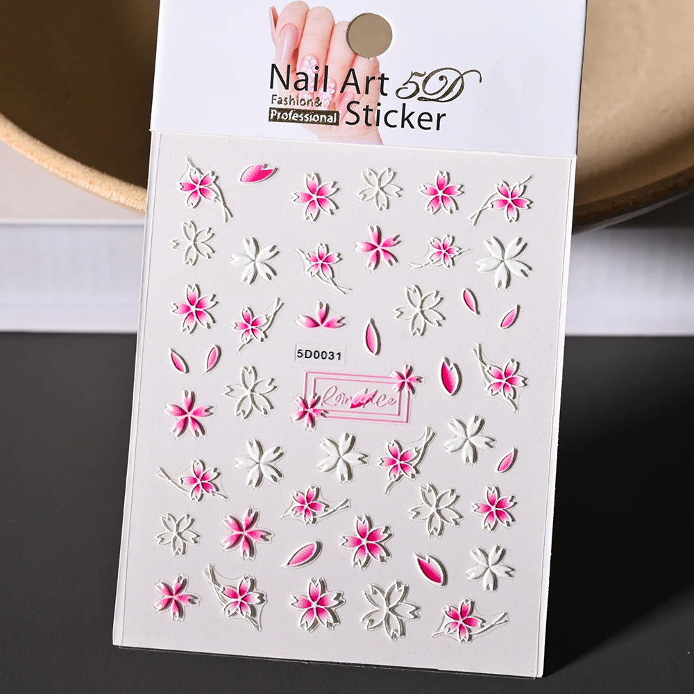 1Pc 5D Geprägte Kawaii Floral Schmetterling Nagel Aufkleber 3D Cartoon Bogen Kaninchen Erdbeere Klebe Aufkleber Urlaub Nagel Sliders