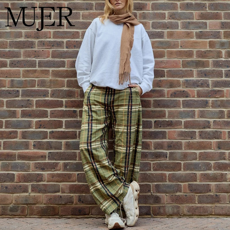 MUJER Karierte Hose mit weitem Bein für Damen, mittlere Taille, lockere Hose, Damen-Streetwear, lässige Damenhose, Urlaub, Vintage-Hose für Damen