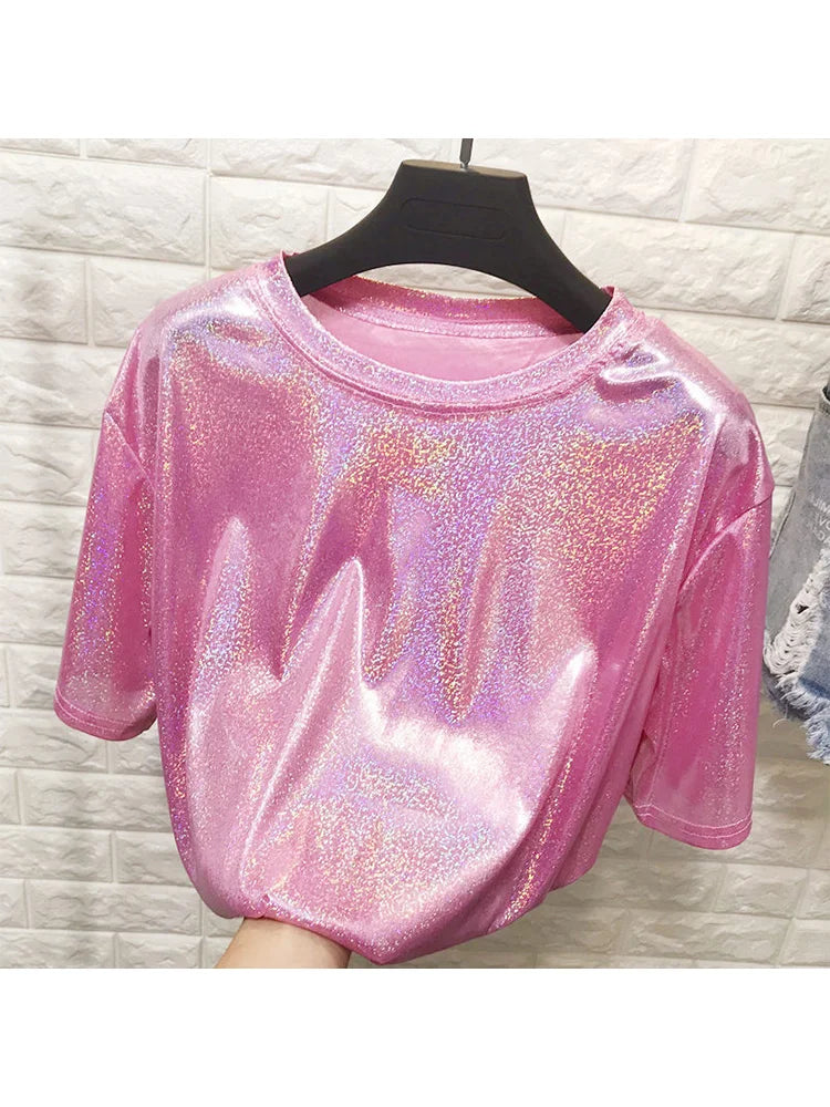 Neue sommer retro stilvolle helle seide frau tops glänzend lose kurzarm t-shirt sexy club ästhetischen harajuku frauen t-shirt