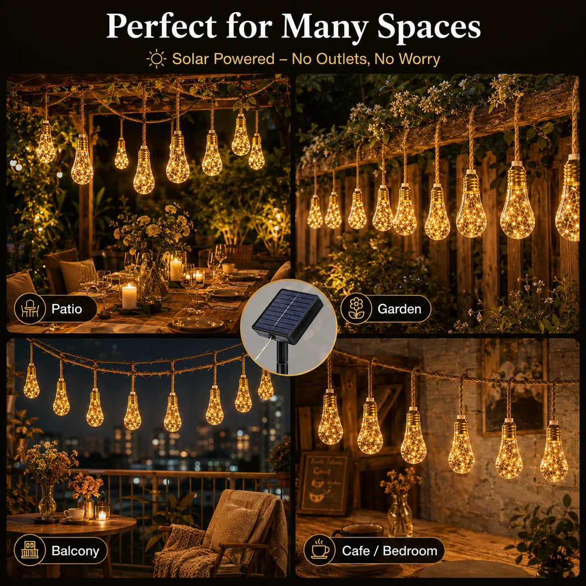 Solar-Lichterkette mit Hanfseil und Edison-Glühbirnen, Solarbetrieben, 8/16/24 Glühbirnen, Warmweiß für Garten, Terrasse, Hochzeit, Weihnachtsdekoration