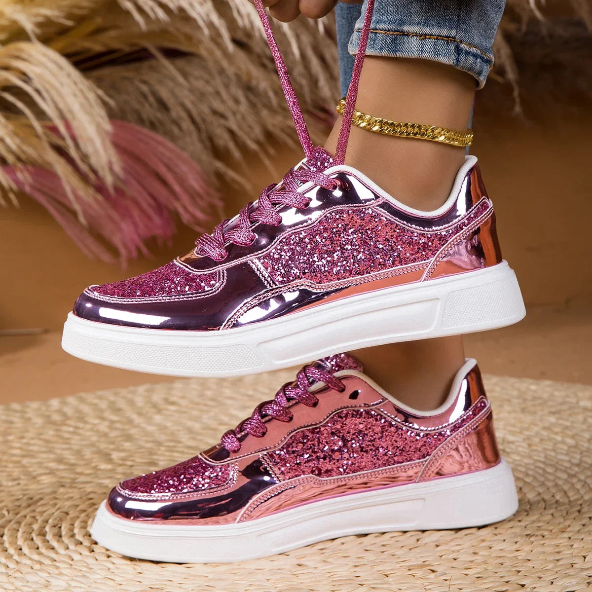 DJSUNNYMIX Modische Sneakers für Damen Trendige Plateau-Schnürschuhe mit Strass Lässige Designer-Schuhe Glänzende Damenschuhe