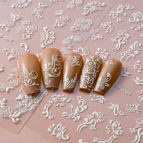 1 Stück 5D geprägte weiße Spitze Blume Nail Art Aufkleber Acryl Blumen Blatt Schmetterling Charme selbstklebende Schieber 10 * 8 cm Maniküre Aufkleber
