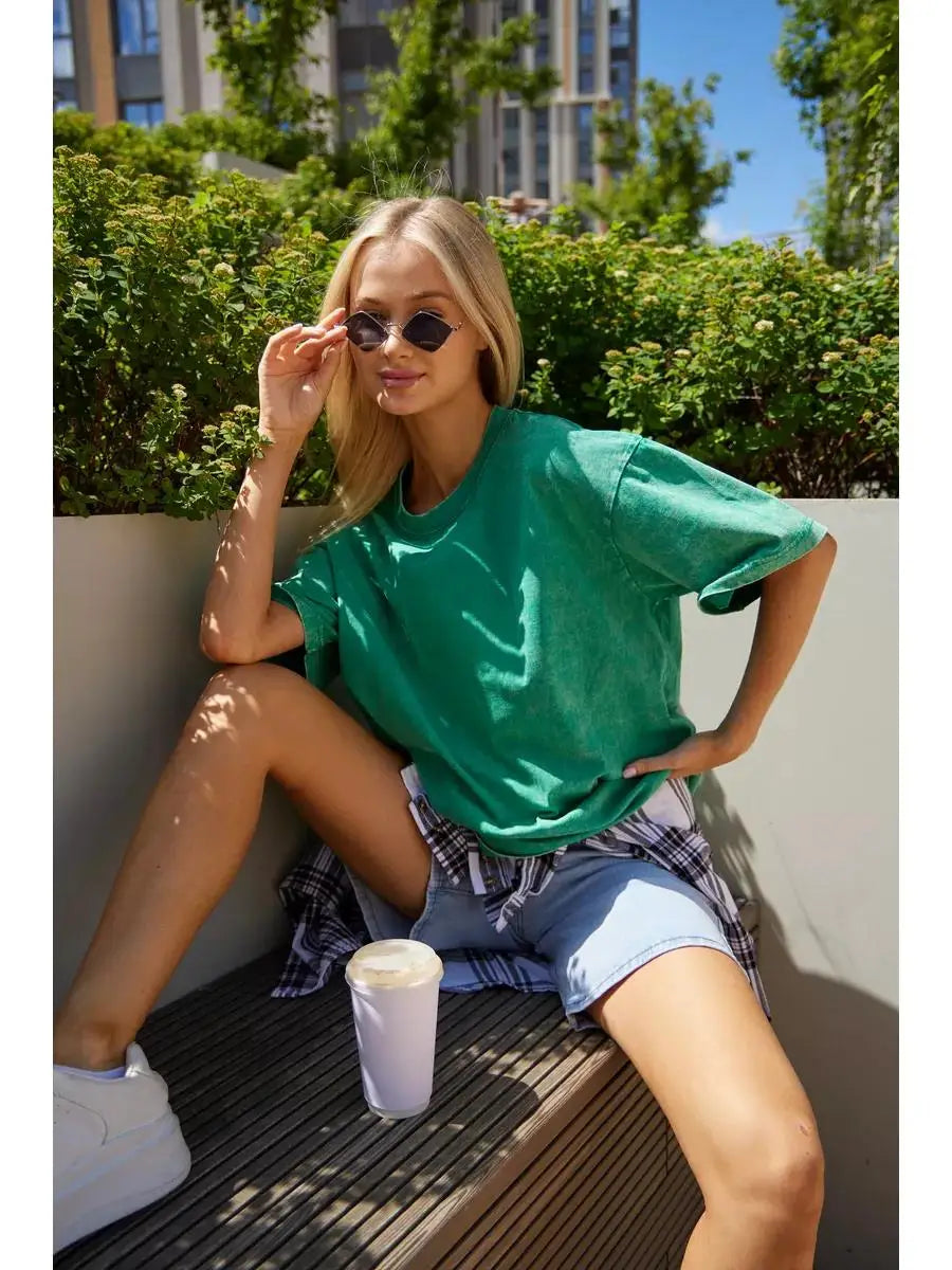 Mode Frauen Baumwolle Solide Gewaschen T-shirts Lose Oansatz T-shirts Straße Casual Komfortable Kurzarm Tops Weibliche Kleidung