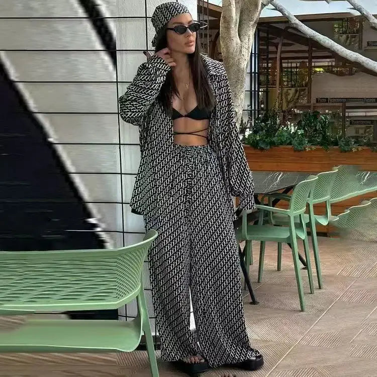 Neues Damen-Set mit geometrischem Print: Bluse & Lange Hose, Langarm, Locker & Bequem, 2-teiliges Set, Elegante Mode für den Arbeitsweg