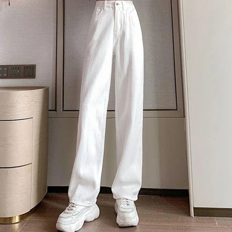 Frauen Frühling hohe Taille lose Jeans weites Bein Jeans Dame Straße koreanische Version Baggy Pants weiße Mode gerade Bein Hose