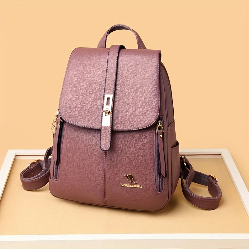 Eleganter weinroter Lederrucksack für Damen, diebstahlsicherer Tagesrucksack mit mehreren Taschen und Logo, stilvolle Reise- und Alltags-Umhängetasche