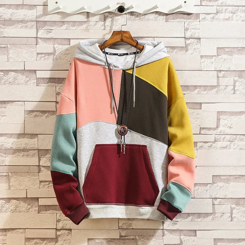Herbst-Sweatshirt für Herren mit Kapuze, Jugendlicher Farbblock-Design, Locker Geschnittene Modische Jacke im Hongkong-Stil