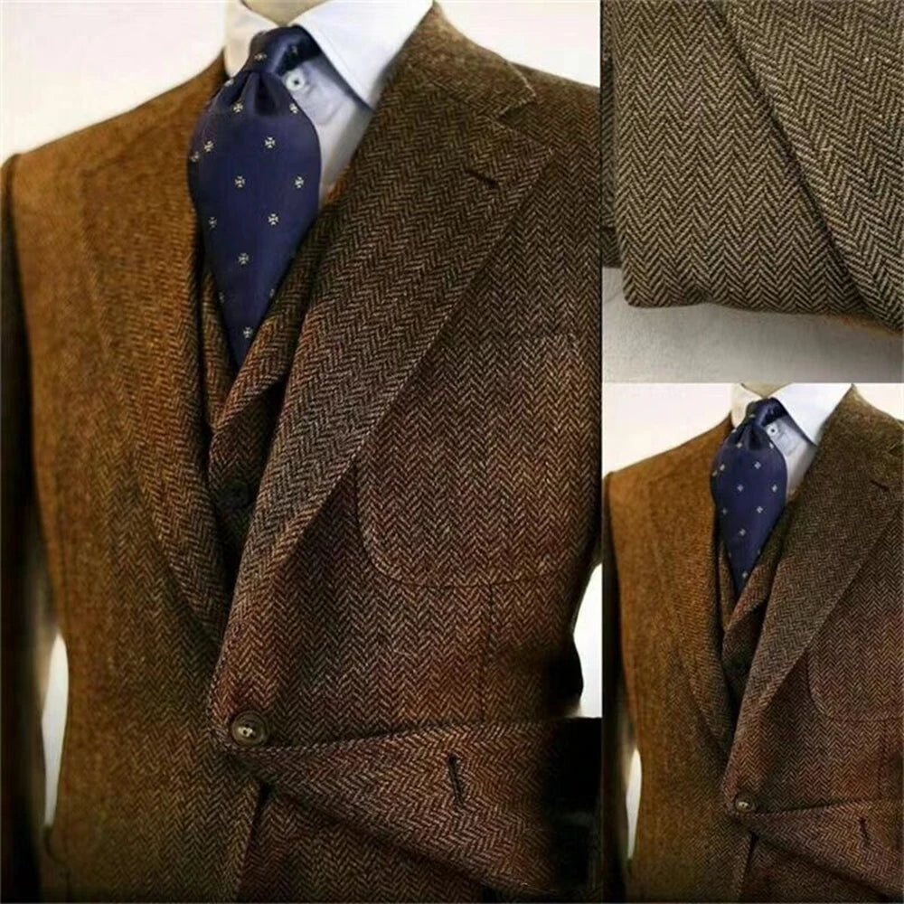 Grauer Woll-Tweed-Winteranzug für Herren, Fischgrätenmuster, schmale Passform, formeller Bräutigam-Smoking, 3-teilige Hochzeitsanzüge für Herren (Jacke + Weste + Hose)