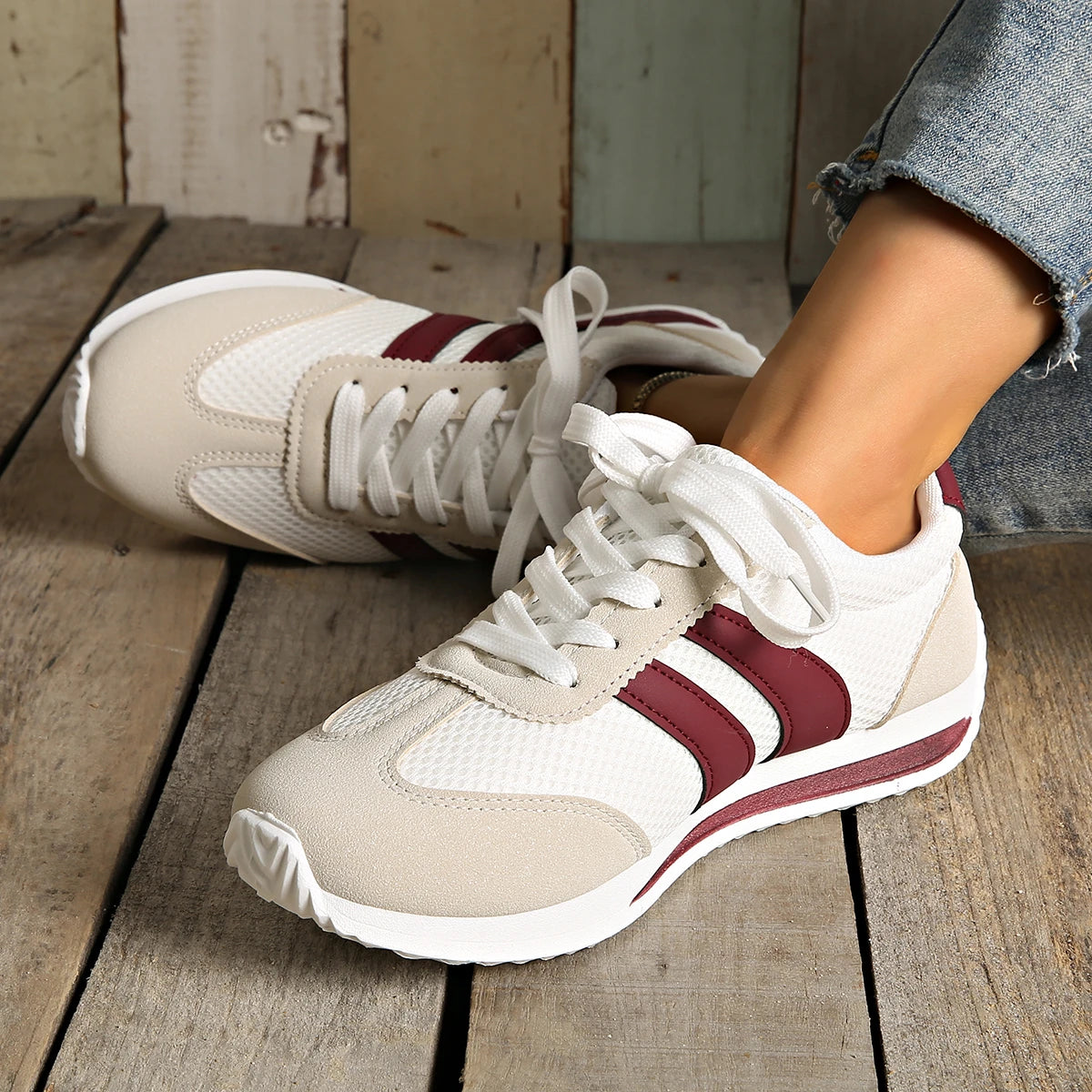 Leichte Mode-Turnschuhe für Damen, bequem, rutschfest, lässig, Sportschuhe, Damen, gestreift, Mesh, atmungsaktiv, Plateau-Turnschuhe