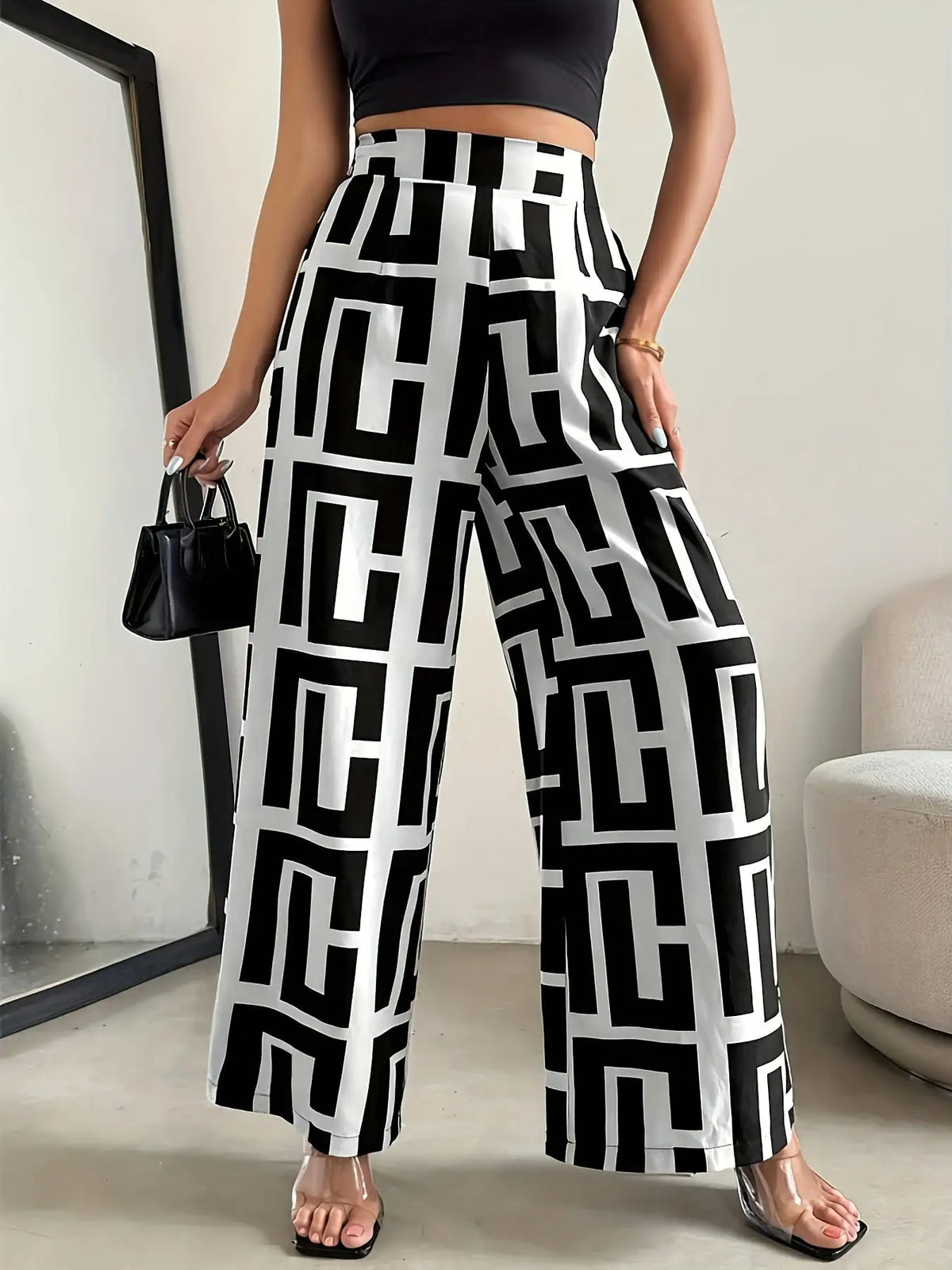 2026 Lässige Elegante Bohemian-Style Hose - Weites Bein, Elastischer Bund, Zweifarbig Kariert Bedruckt, Lockere Hose mit Weitem Bein