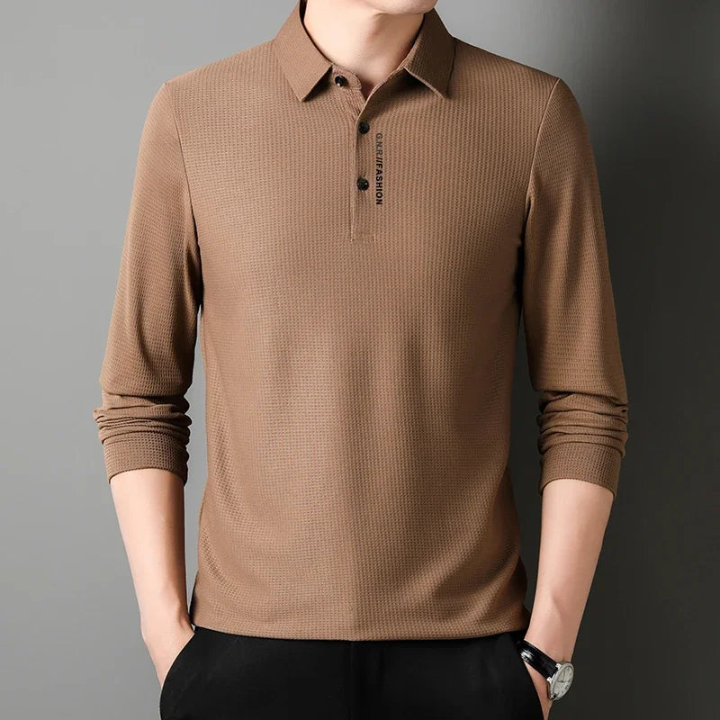 Herren-POLO-Shirt mit Waffelmuster und langen Ärmeln und lässigem Revers-Oberteil mit Buchstabendruck
