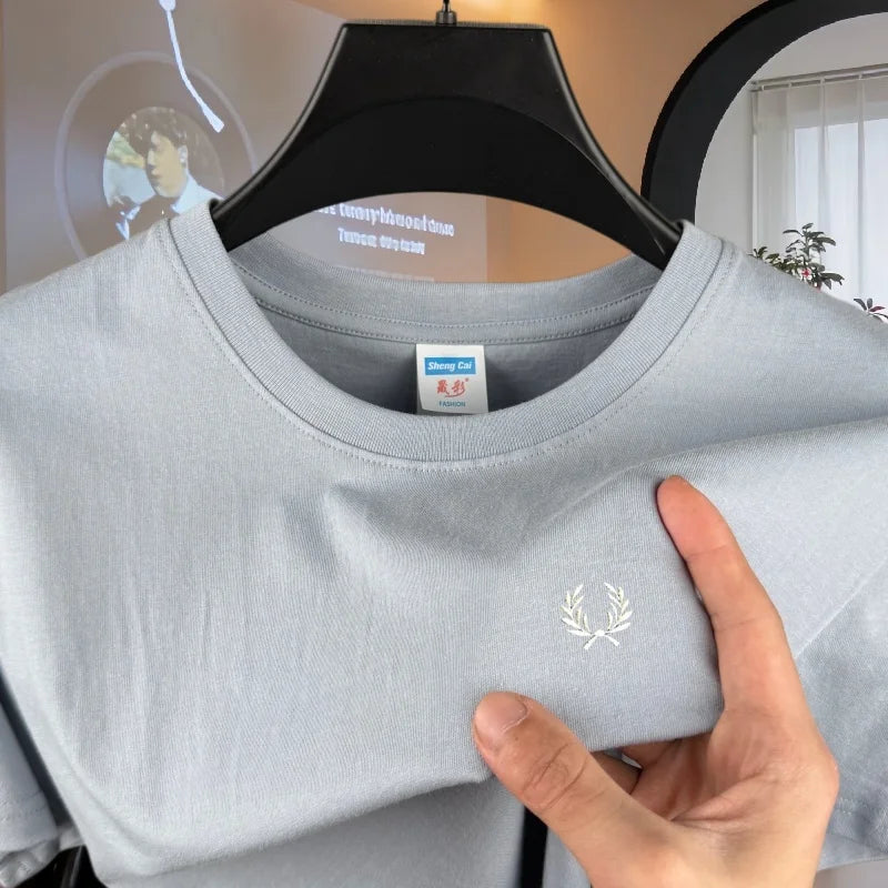 100% reine Baumwolle, hochwertiges Marken-Herren-T-Shirt mit Rundhalsausschnitt und kurzen Ärmeln, Sommermode, luxuriöses Weizen-Stickerei-Design, lässiges T-Shirt