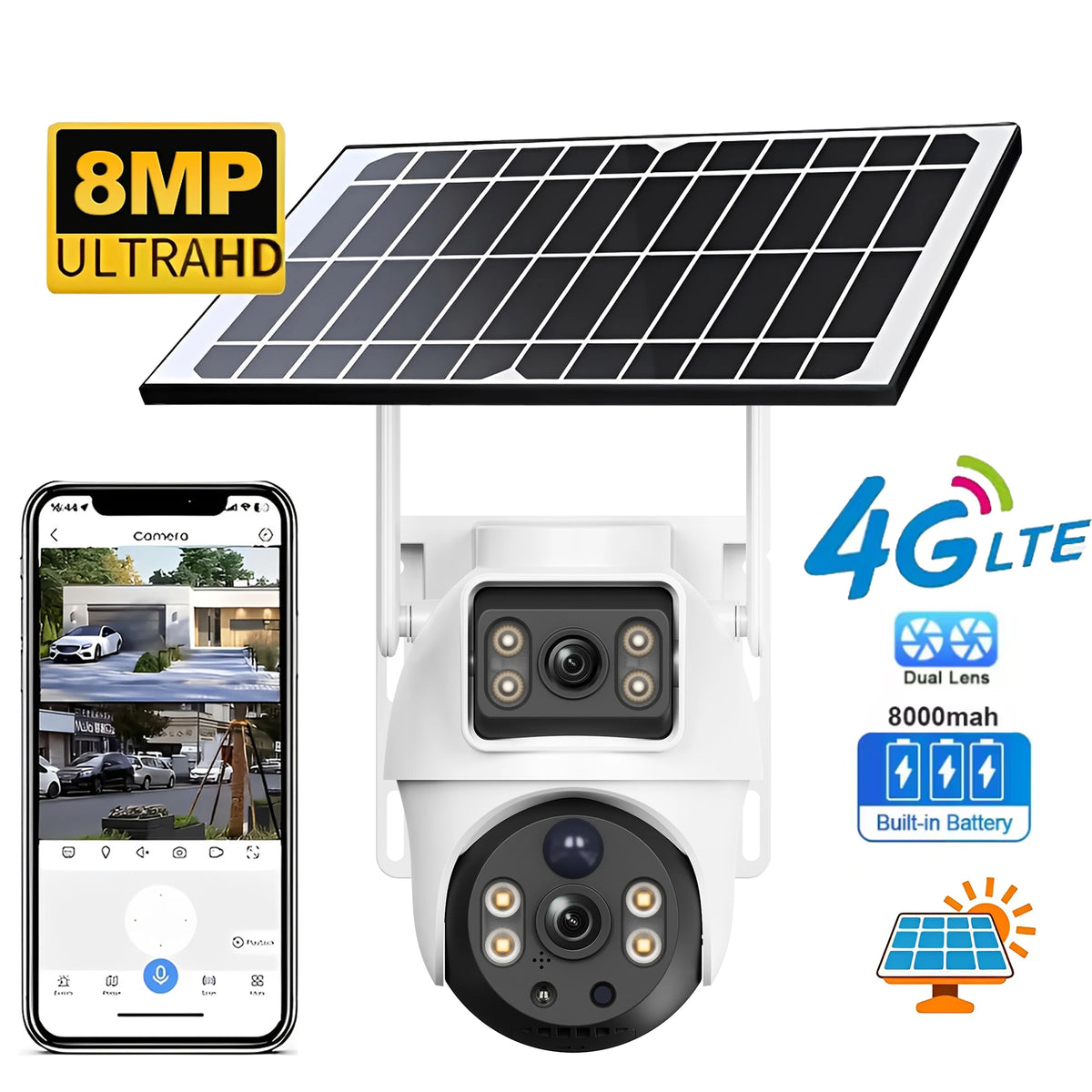 Solar 4G Kamera mit SIM Karte 8MP 4K Dual Lens Dual View Monitor Nachtsicht Sicherheit Schutz PTZ Video überwachung