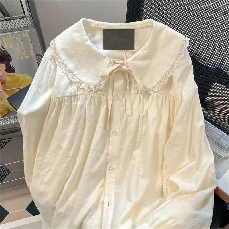 Xpabb Süße Spitze Floral Turndown Kragen Hemd Frau Herbst Lange Hülse Lose Beiläufige Bluse für Frauen Allgleiches Tasten Shirts