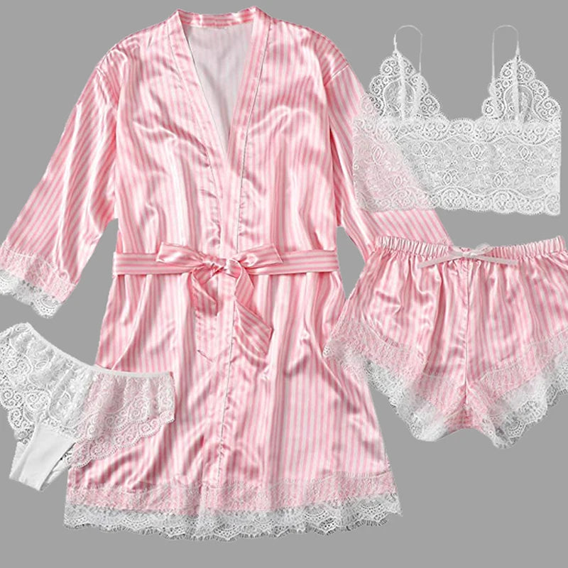 4PCS Frauen Pyjama Anzug Mode V-ausschnitt Stretch Seide Satin Robe Spitze Sexy Dessous Bademantel Bowknot Pyjamas Shorts Set Nachtwäsche