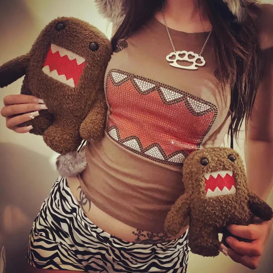 Casual Streetwear Kawaii Domo Kun Strass Cartoon 2000er Qualität Rundhals Kurze Ärmel Einfache Tägliche Routine Fit T Shirt Top