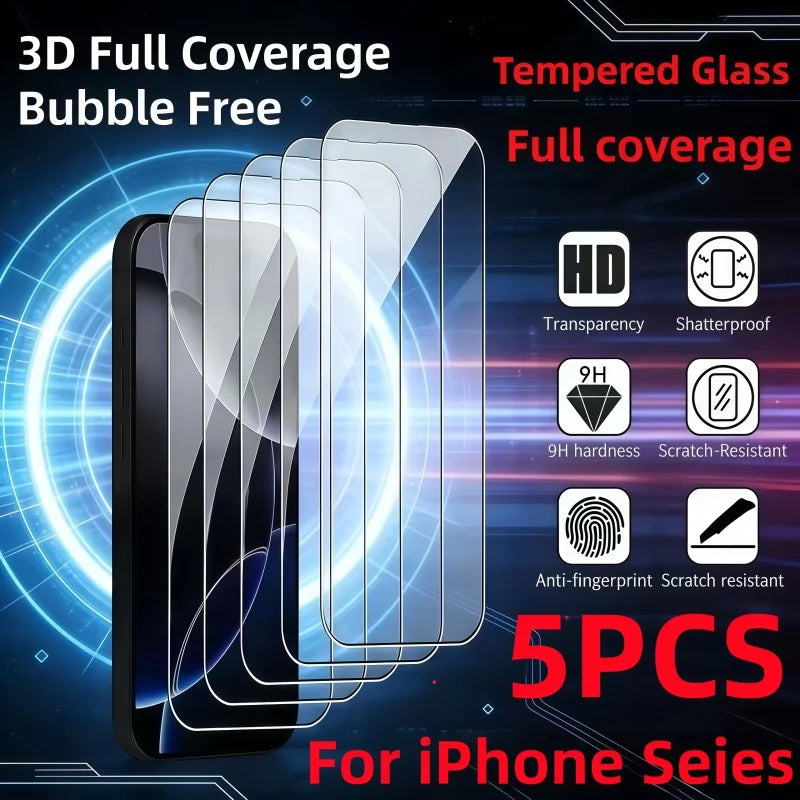 5 Stück HD Panzerglas für iPhone17 16 15 14 13 12 11Pro Max Displayschutzfolie für iPhone17Air XR XS Max XR Schutzglasfolie
