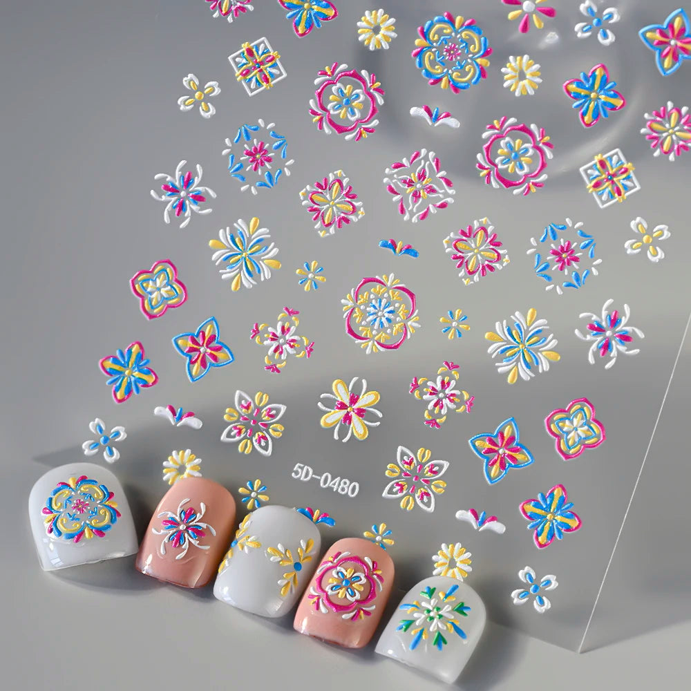 1 Stück 5D Relief Bohemian Nail Art Aufkleber, schicke Blüten elegante Stickerei Totem Boho Design Nagelzubehör Dekoration Zubehör