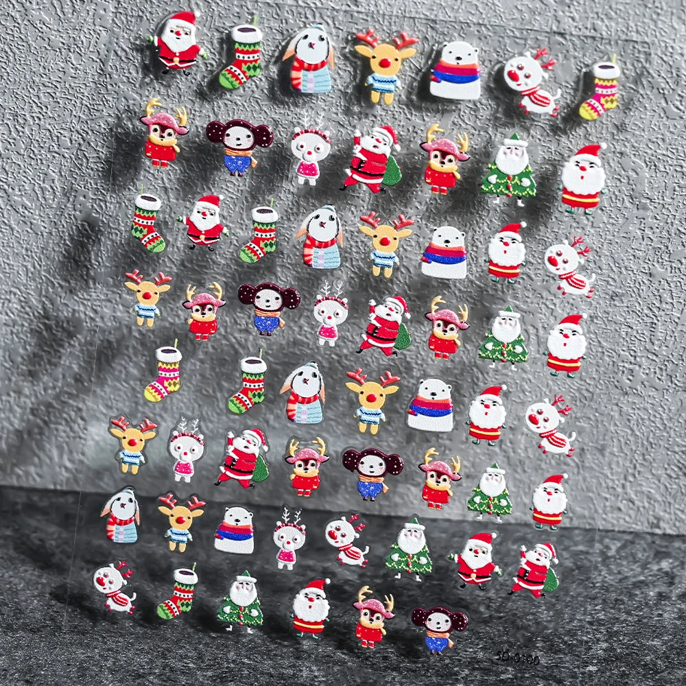 1 stücke 3D Weihnachten Santa Claus Schneeflocke Nagel Aufkleber Winter Weihnachten Nette Cartoon Schneemann Bär Elch Nagel Aufkleber Weihnachten Nagel decora