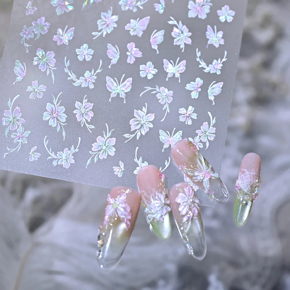 1 Stück 5D Aurora Schmetterling Blumen Nagelaufkleber Muschel-Licht Selbstklebende Nagelsticker für Sommer Frühling DIY Maniküre & Geschenke