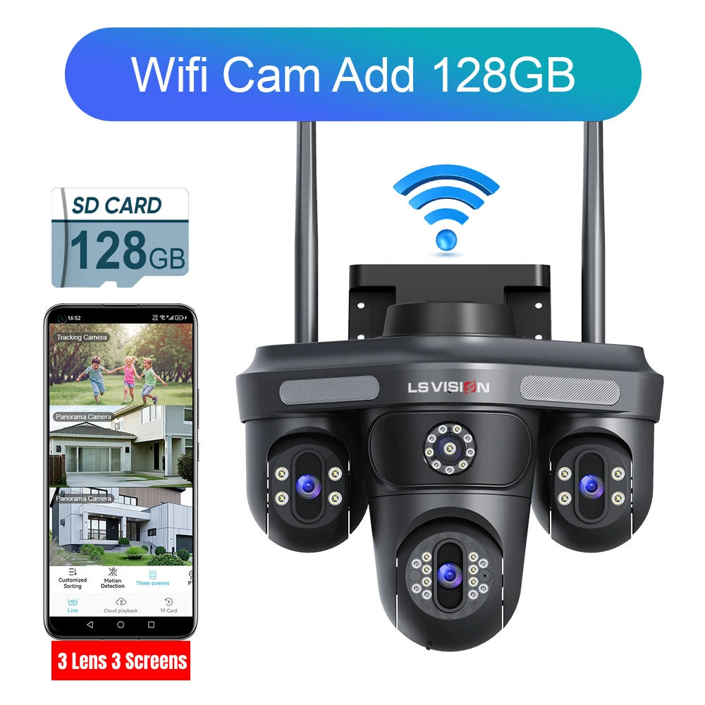 LS VISION 15 MP WLAN-Kamera mit drei Bildschirmen für den Außenbereich, drei 360° ° Rotation PTZ IP Kamera Human Auto Tracking Videoüberwachung Cam CCTV