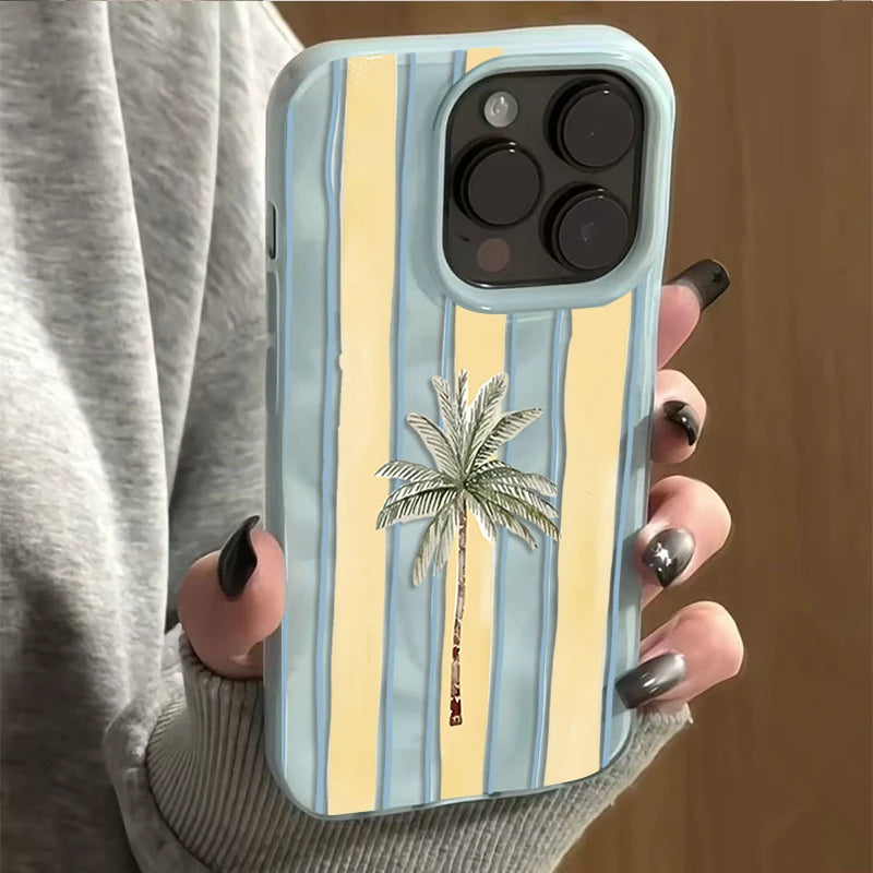 Niedliche gestreifte Palmen-Handyhülle für iPhone 11 12 13 14 Pro 15 16 Plus 17 Pro Max 17 Air 16E – Sommer-Strand-Soft-Schutzhülle stoßfest